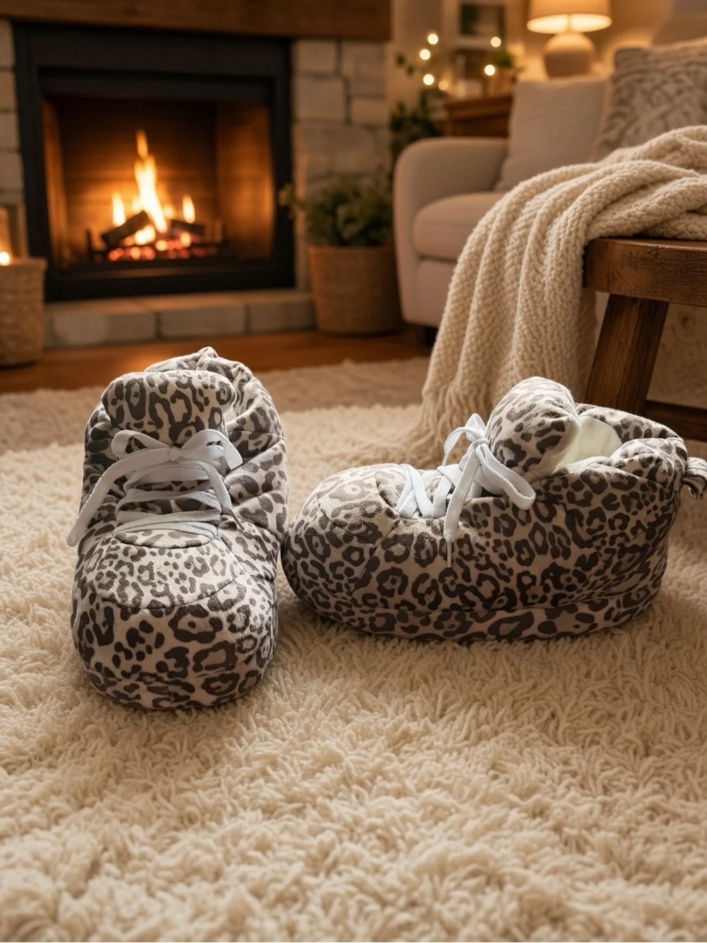 Ladies Leopard Print Plush Slipper Shoes - Gray